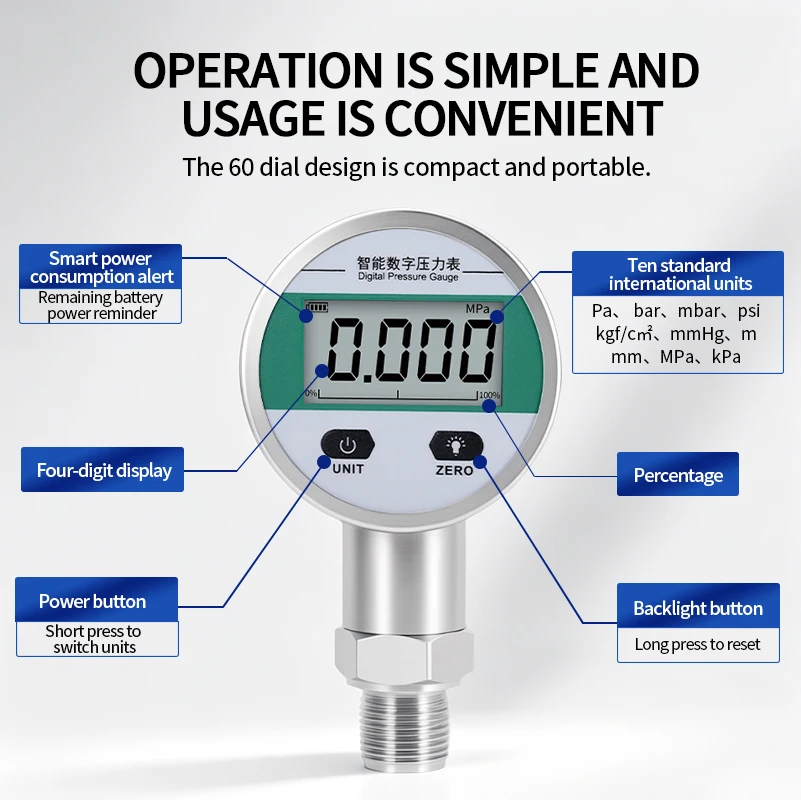 60mm Digital Pressure Gauge G1/4 Air Liquid Fuel Oil Water High Accuracy Digital Pressure Manometer Pressure Gauge