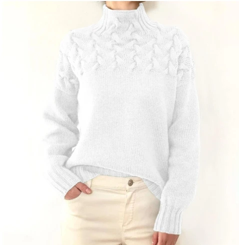 Multi-Color Sweater Women Pullovers Knitted Turtleneck Crochet Cable Weaving Details Long Sleeved Loose Sweater for Women