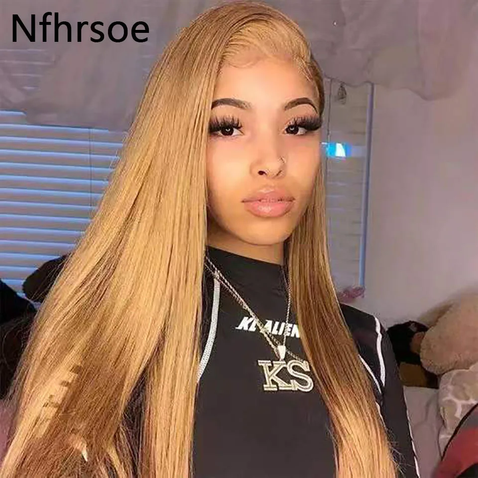 

Человеческие волосы 180% Плотность 13X4 Прямые кружевные фронтальные парики для женщин Выделите медовый цвет 27 Парики из натуральных волос на кружеве спереди