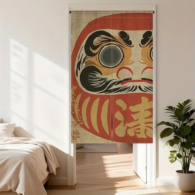 VIKAMA Daruma Japanese Half-Door Curtain, Retro Japanese Daruma Doll Print Fabric Curtain, Room Privacy Divider, Home Decor