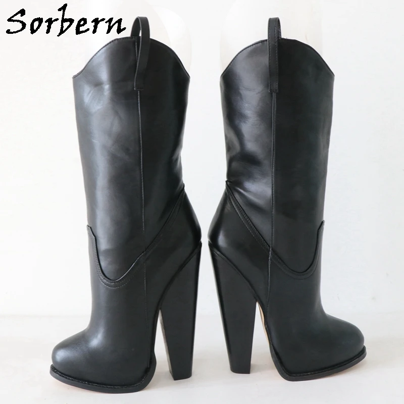 Sorbern Black Matte Wide Ankle Boots Women Block High Heel Stilettos Cute Round Toe Hidden Platform Shoes Slip On Unisex Booties