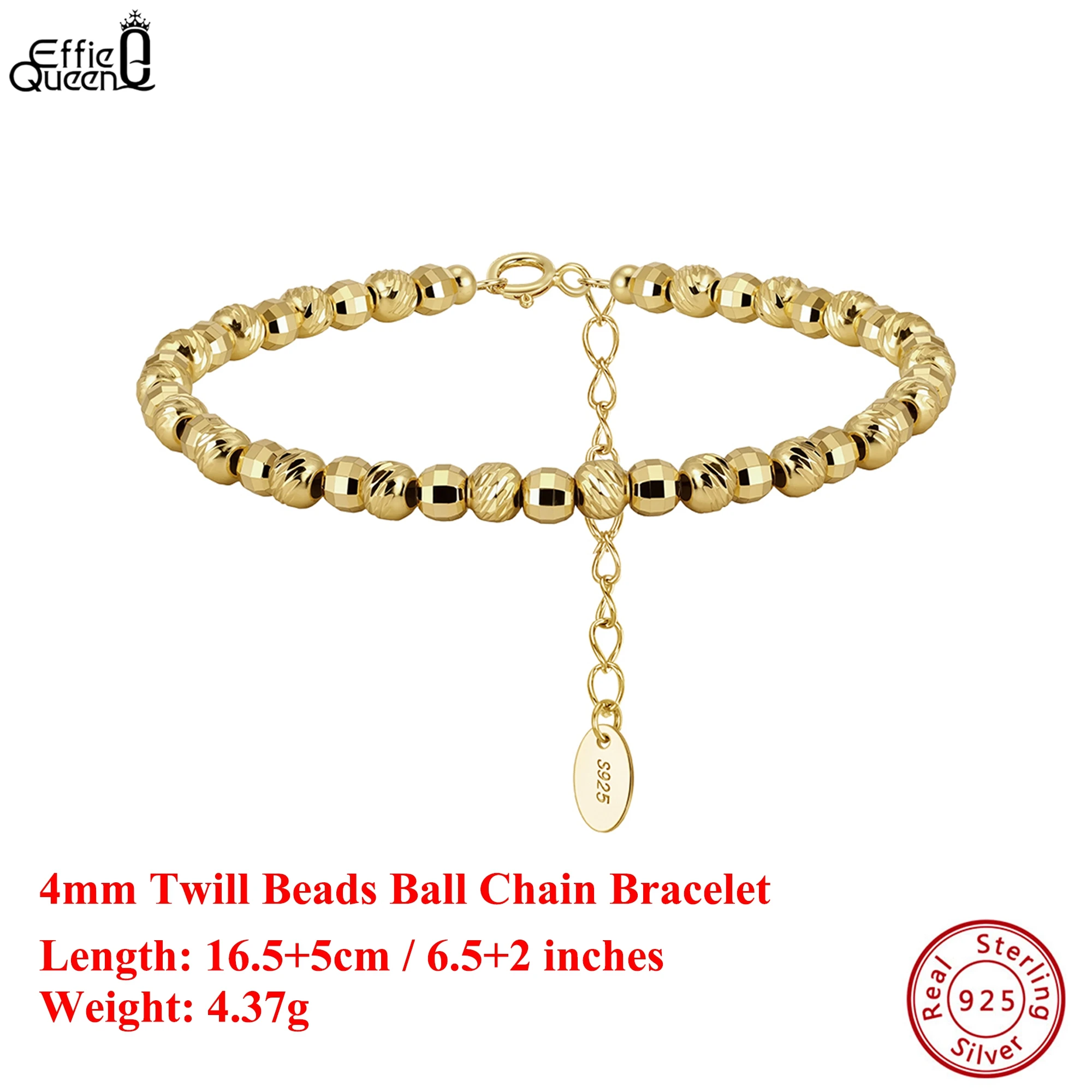 

EFFIE QUEEN Genuine 925 Silver 14k Gold 4mm Twill Beads Ball Chain Bracelet Banquet Jewelry for Women, Men's Bracelet Gift GAB01