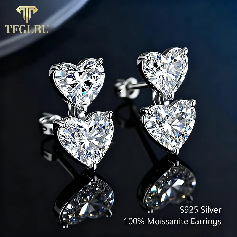 TFGLBU 3/6cttw Double Heart Cut Moissanite Stud Earrings For Women Pass Diamond Tester Pen 925 Platinum Plating With Certificate