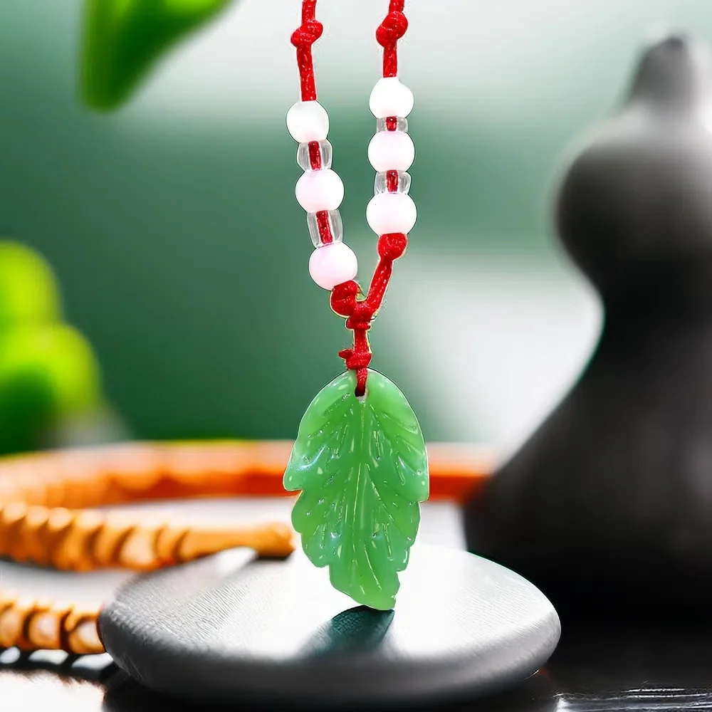 Natural Green Chinese Jade Tree Leaf Pendant Agate Necklace Fashion Charm Jewelry Carved Amulet Gifts for Women Men