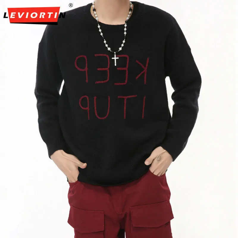 LEVIORTIN Style Men's Sweater Loose Letter Embroidery Round Collar Contrast Color Autumn Male Pullover Tops New Chic