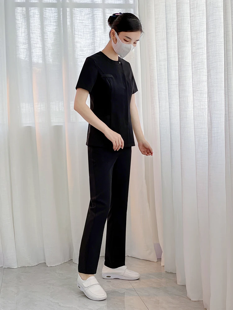 

Summer Short Sleeve Two-Piece Medical Work Uniform for Women Dentist Scrub Suit Elastic Hand Washing Dress Beauty Salon