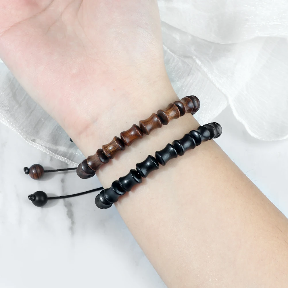 New Wooden Beaded Bracelet Women Men Vintage  Bamboo Shape Sandalwood Black Rosewood Beads Braided Bangles Friends Lucky Jewelry