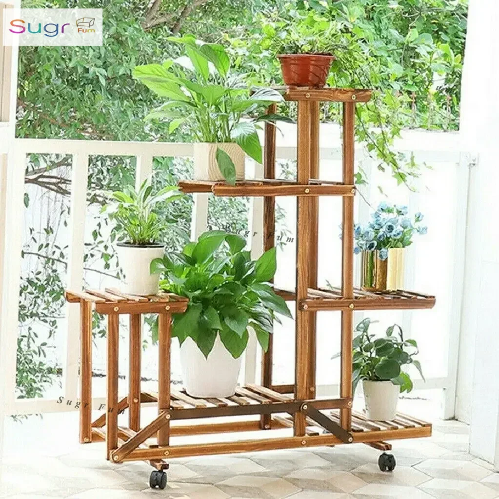 

Wooden Plant Stand with Wheels Multi-Layer Rolling Plant Flower Display Shelf Indoor Movable Storage Rack Holder Outdoor fo