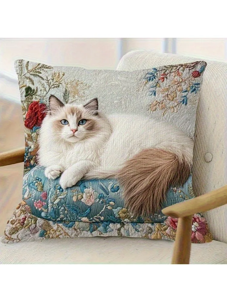 1pc Shabby Chic Floral Ragdoll Cat Embroidery Style Print Pillow Case, Soft Polyester Double-Sided Cushion Cover for Home Living