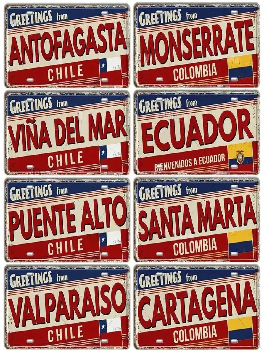 Vintage South American License Plate Metal Sign  Chile Argentina Ecuador Colombia  City State Landmark Decorative Wall Art for H