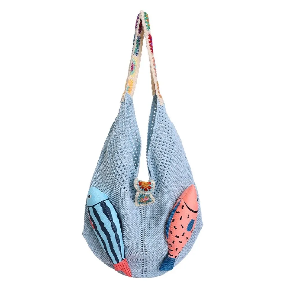 

Summer Cotton Crochet Shoulder Bag Fish Large Capacity Hollow Out Woven Bag Contrast Color Simple Tassels Beach Handbag Girls