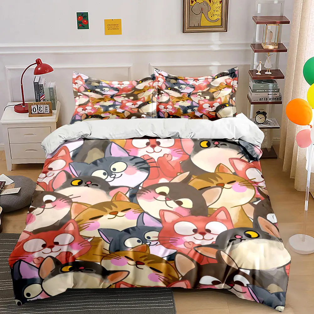 Colorful Cute Cat Illustration Bedding Set for Kids Luxury Gift 3pcs Digital Print Comforter Set Soft Comfortable Breathable