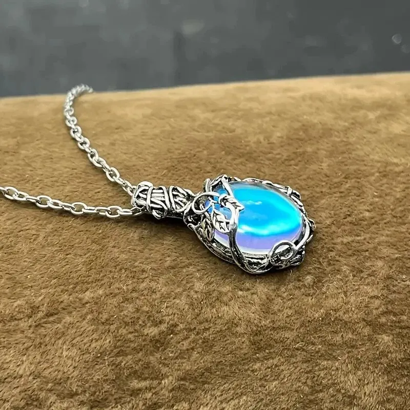 Handmade Wire Wrapped Blue Teardrop Crystal Pendant Necklace Vintage Antique Silver Metal Leaf Detail Chain Necklaces Women Boho