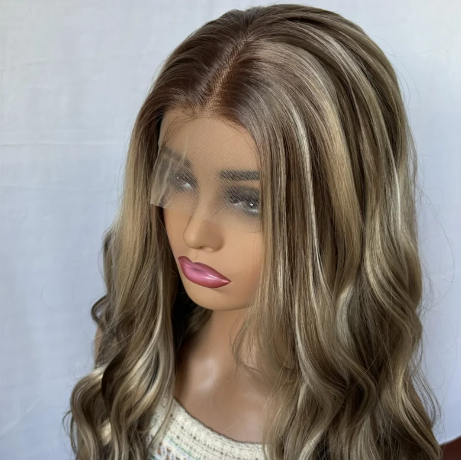 

22 Inch Long Womens Wig Ashy Platinum With Blonde Highlights Streaks Balayage Curly Lace Front Wavy Synthetic Lace Front Wigs