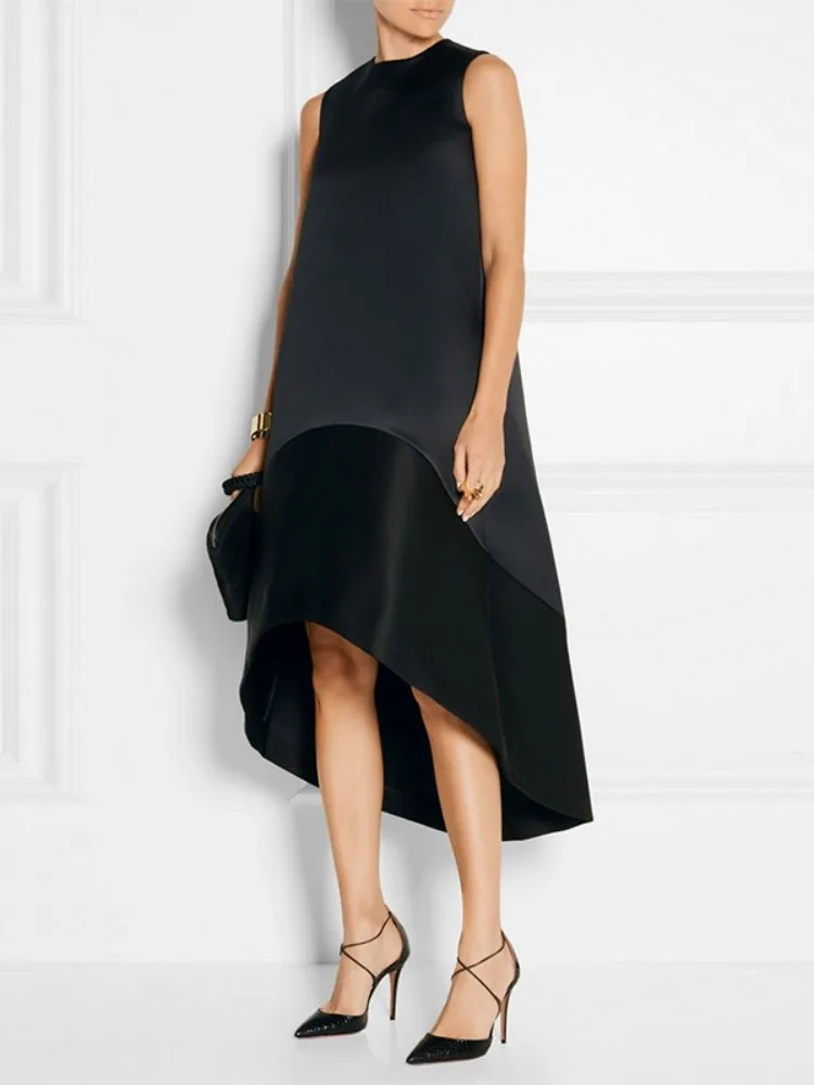 Yeezzi, vestido negro alto-bajo de retazos elegante a la moda para mujer, nuevo vestido Midi de noche sin mangas con cuello redondo para fiesta de verano 2025