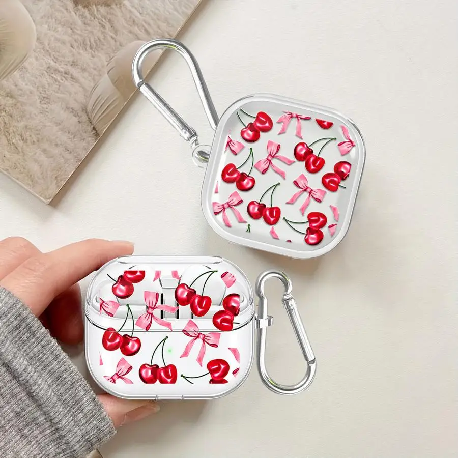 Case For Samsung Galaxy Buds 3Pro 4 Pro 2 3 FE 4Pro 2Pro Live Clear Earphone Cases Cover With Hook Cartoon Cherry