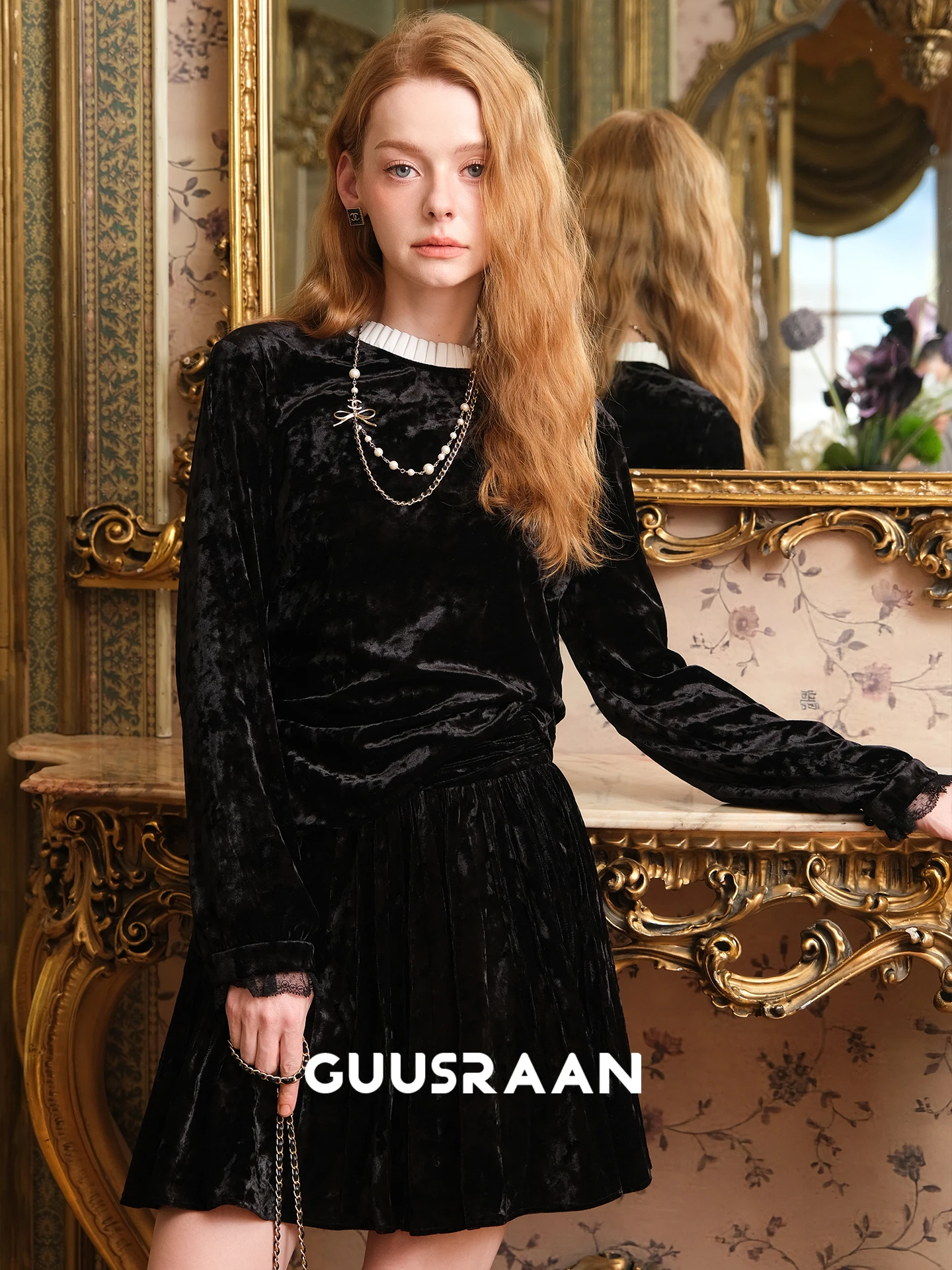 

Комплект: облегающий бархатный топ и юбка А-силуэта с высокой талией, с круглым вырезом, для женщин, повседневный, для девушек