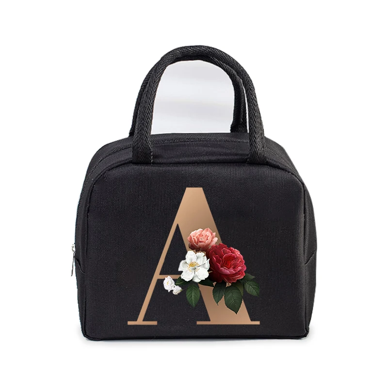 Golden Flower 26 Alphabet Print Lunch Bag Men and Women Rose Graphics Bento Thermal Handbags Thickened Insulation Lunch Box Bag