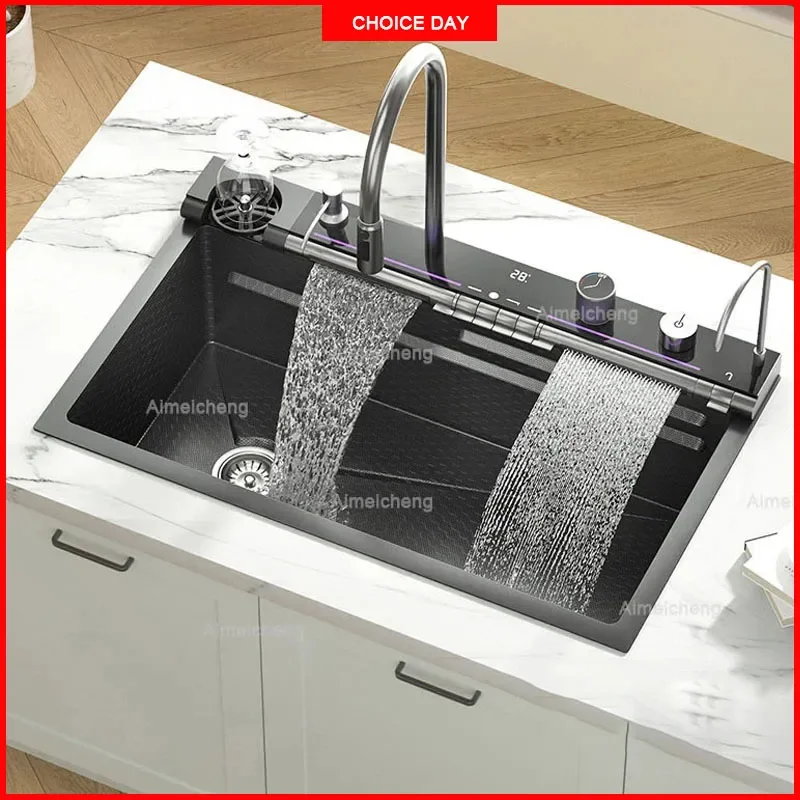 

Tiktok Popular Large Single Slot Multifunction Sink Anti-Scratch LED Digital Display Waterfall Kitchen Sink With Cup Washer