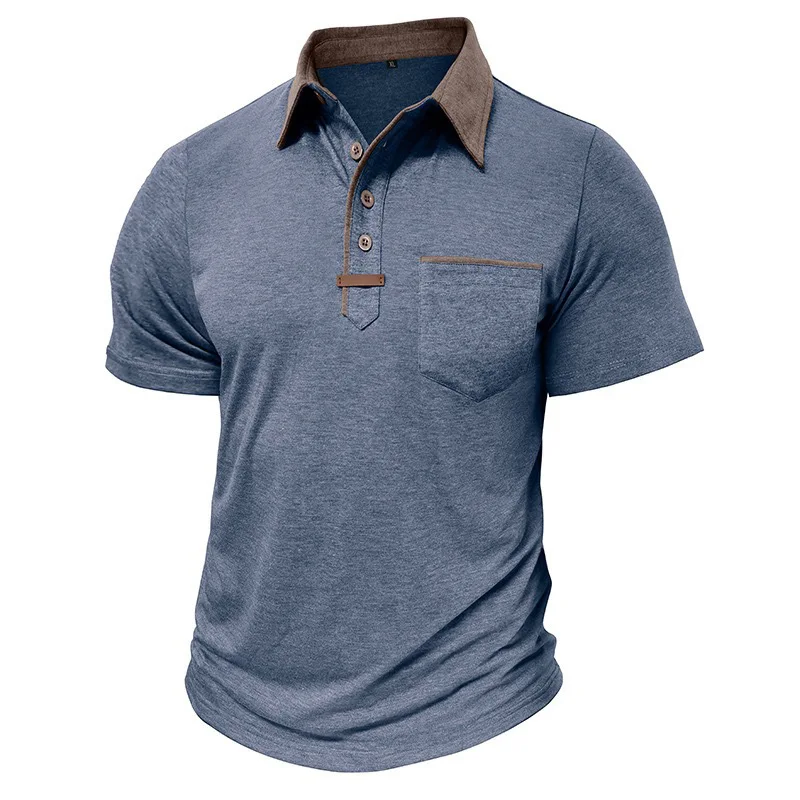2026 Summer Men Lapel Short Sleeve T-Shirt European American Style Color Block Top