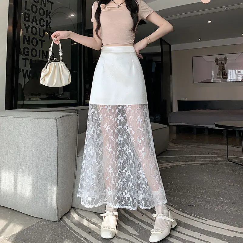 Korean Fashion Summer Women's Elastic High Wais Solid Lace Gauze Patchwork Temperament Versatile Mid-length Slim A-line Skirt