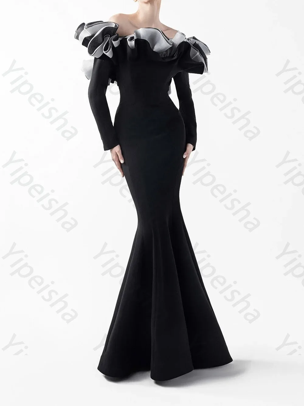 Customized 2027 Black Off Shoulder Ruffle Mermaid Evening Gown Full Sleeve Elegant Party Prom Formal Dress Women Luxury