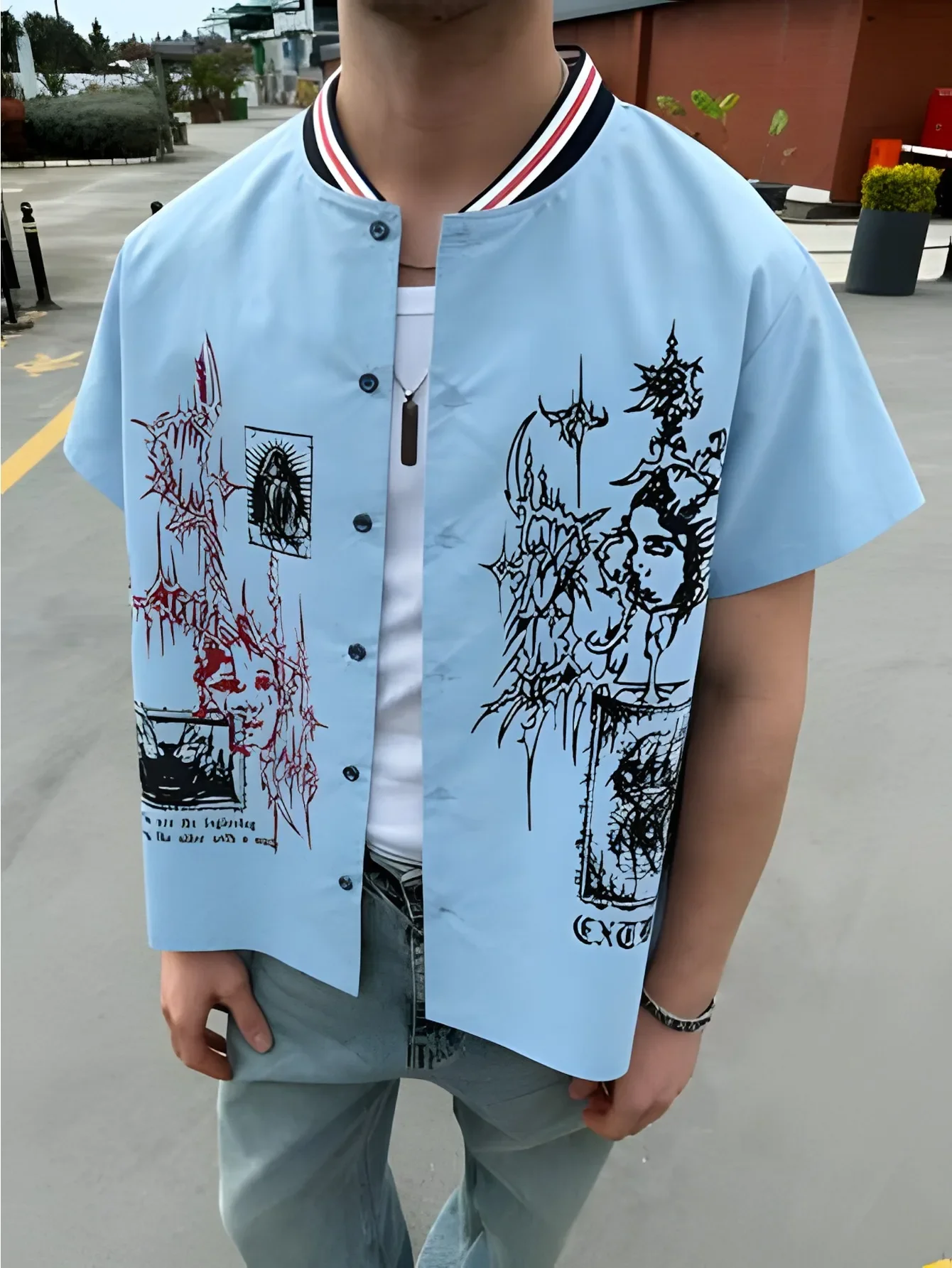 Men's American-Style High-Street Printed Short-Sleeve Shirt: Summer Shirt-Collar Streetwear Casual Cardigan