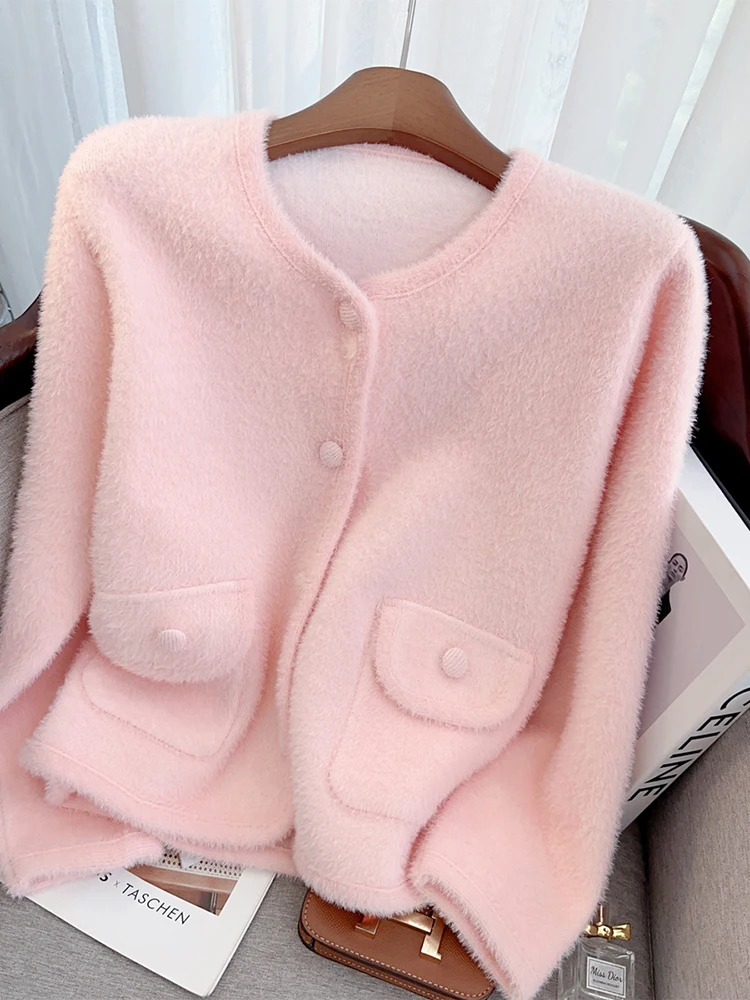 Women\'s Pink Cardigan Sweater Harajuku Y2k Solid Color Long Sleeves O-Neck Knit Cashmere Sweaters Vintage 2000s Clothes Autumn