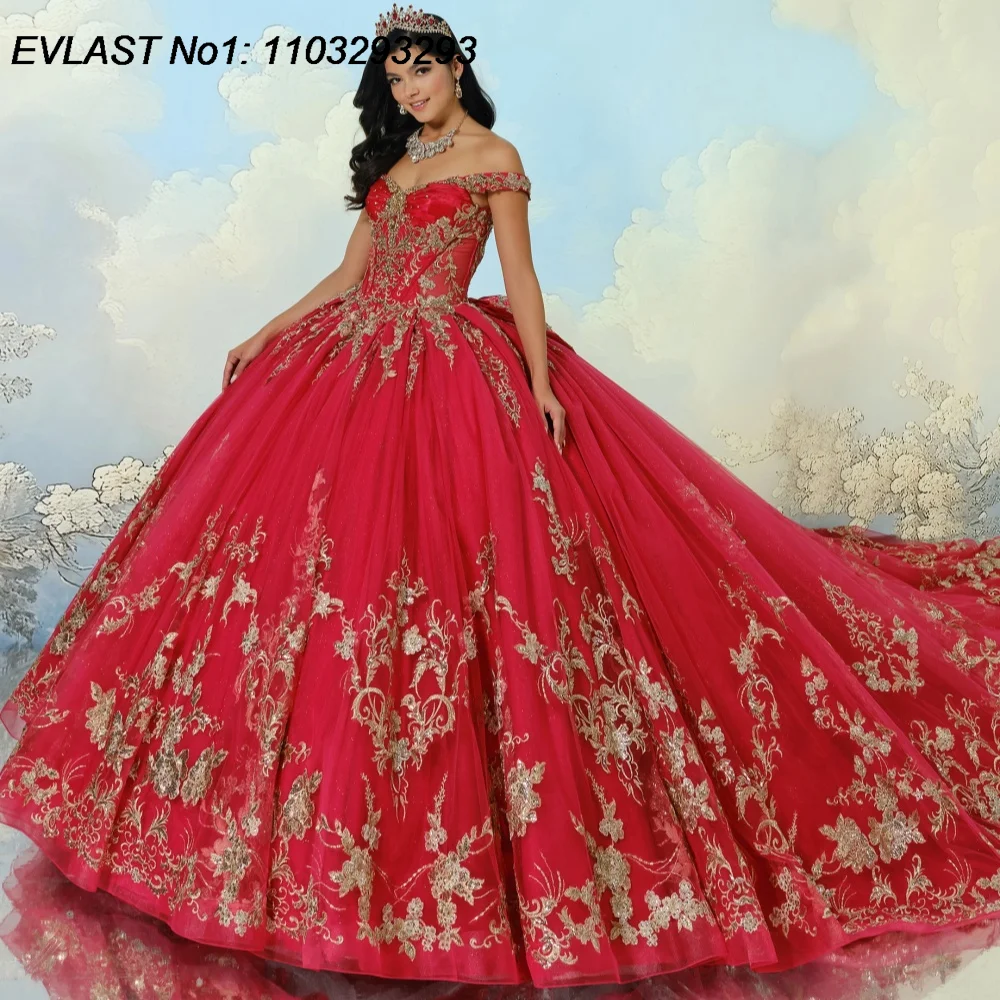 

EVLAST Бальное платье цвета фуксии 2026 по индивидуальному заказу Платье Quinceanera с золотой кружевной аппликацией и бантом из бисера Sweet 16 Vestidos De 15 Anos E1QN284