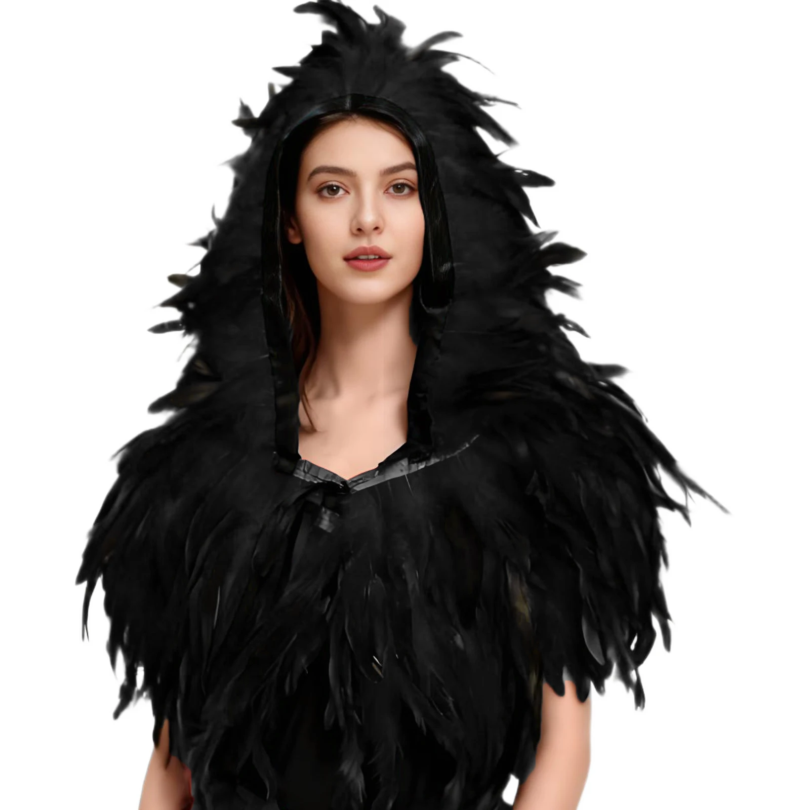 

Gothic Luxury Feather Hooded Cloak Cosplay Punk Halloween Carnival Masked Ball Party Accessory Stage Performance Show Shrug Cape