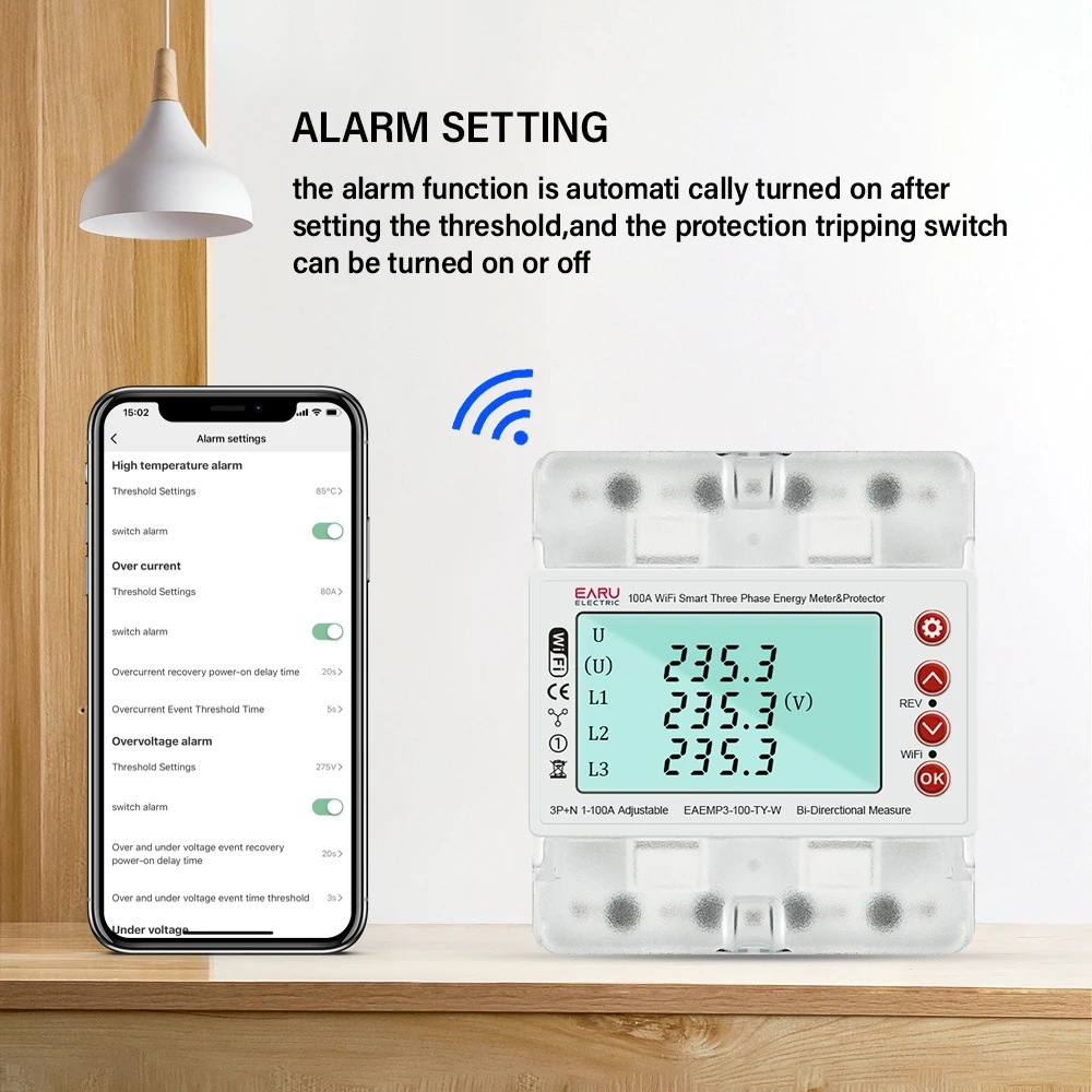 3 Phase 380V 100A Tuya WiFi Smart Bi-Directional Energy Power kWh Meter Over Under Voltage Protector Relay Switch Current Limit