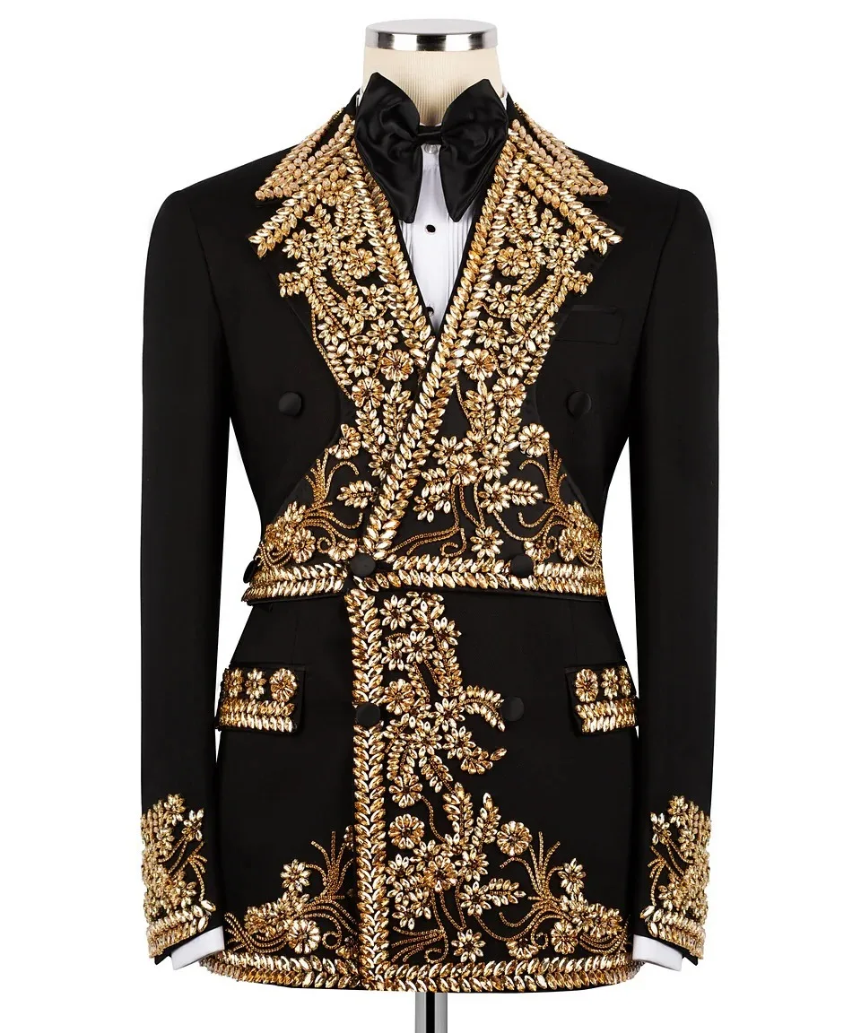 

Luxurious Wedding Suits For Men Rhinestone Crystals 2 Pieces Sets Groom Blazers Customized Double Breasted Tuxedos Ropa homre