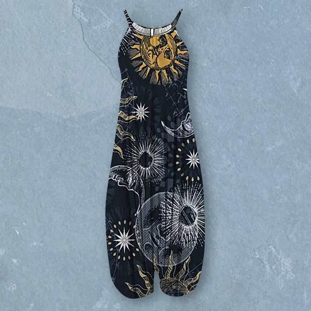 Jumpsuit Selempang Wanita Terusan Kaki Lebar Jumpsuit Romper Harem Longgar Geometris Boho Motif Bunga Tanpa Lengan Garmen Wanita Musim Panas