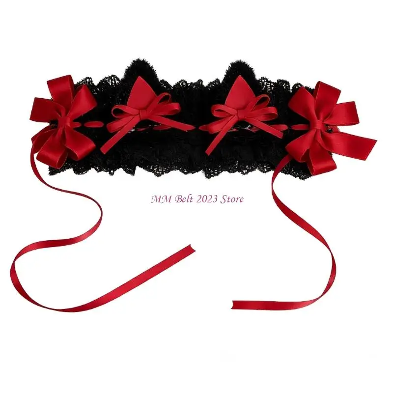 49ME Adorable Gothic Cats Ear Design Hairband Featuring Bows Decors for Cosplay Use