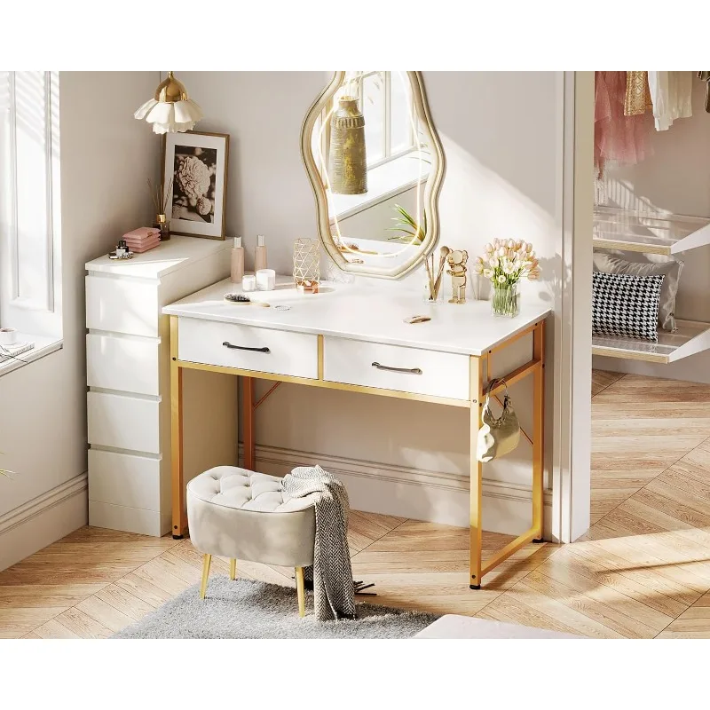 Vanity Desk with Fabric Drawers & Storage, Makeup Dressing Table with Versatile Hook,Home Office Desks for Bedroom,Writing Desk