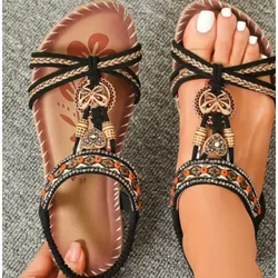 Damessandalen 2025, Boheemse dames zomersandalen Platte dames strandsandalen in etnische stijl Vrouw antislip eenvoud sandaal
