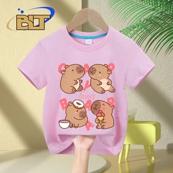 Kawaii capybara lovers cartoon print kids T-shirt summer children's cotton short-sleeved casual tops for boys and girls