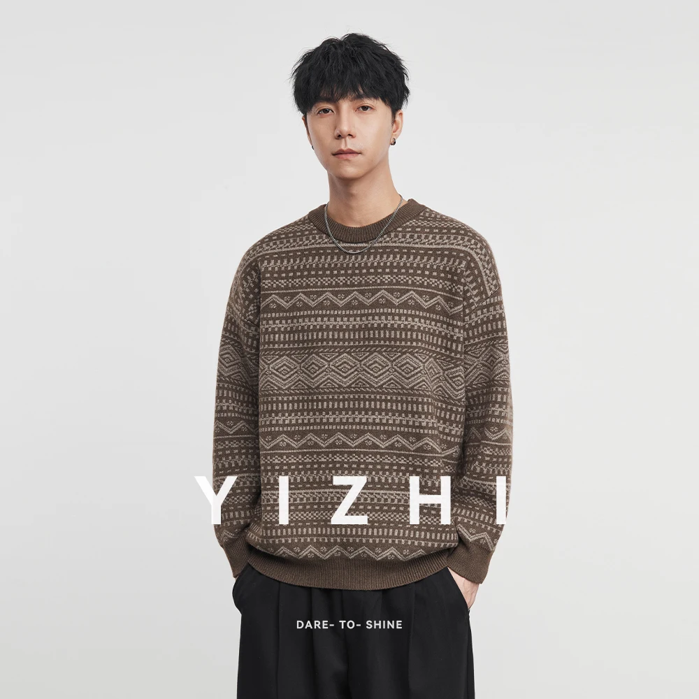 أزياء الرجال تريكو 2025 الخريف الشتاء الموسم الجديد كسول معرض جزيرة التباين الرجعية فضفاض Crewneck سترة البلوز