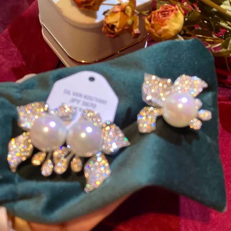 Pure silver light luxury flower large pearl earrings ring, high-end temperament two-piece earring set, women's party gift
