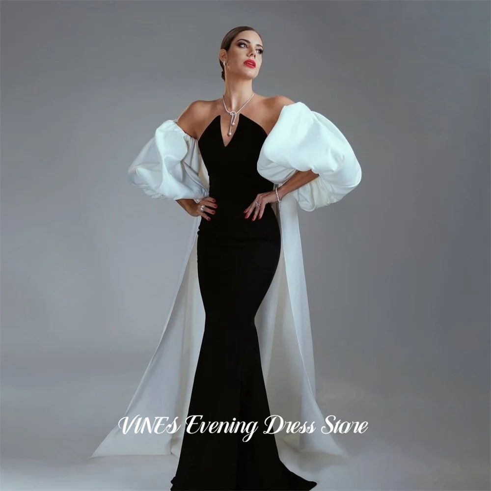 

VINES Black Prom Dresses Mermaid Satin Gala Dresses with White Detachable Sleeve Saudi Arabic Evening Party Gown Customized