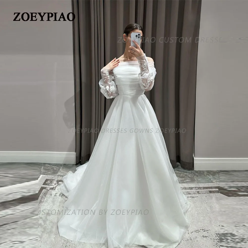 

Satin Lace Modern Wedding Dresses Elegant Off Shoulder Full Sleeves Floor-Length Fluffy Princess Style Bride Gowns 2024