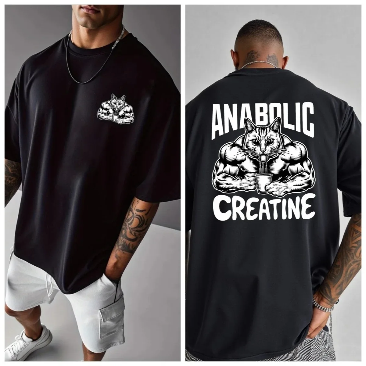 Men's Meme Anabolic Creatine Muscular Cat Sports Fitness T Shirt Cotton Tee Casual Oversize Summer Spring Loose Top Streetwear