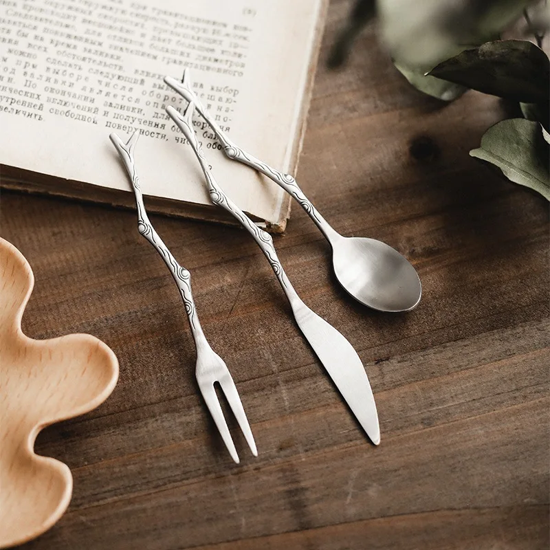 Screative Tainless steel retro branch knife and fork spoon moon cake fork fruit fork butter knife coffee spoon  rainbow utensils