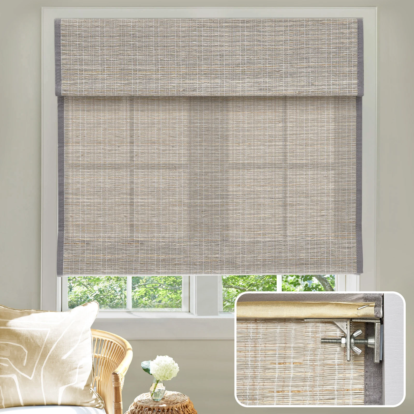 

Moonice No Tools No Drill Cordless Roman Shades for Window Pure Linen Natural Hemp Grass Weaving Window Blinds Privacy Shades