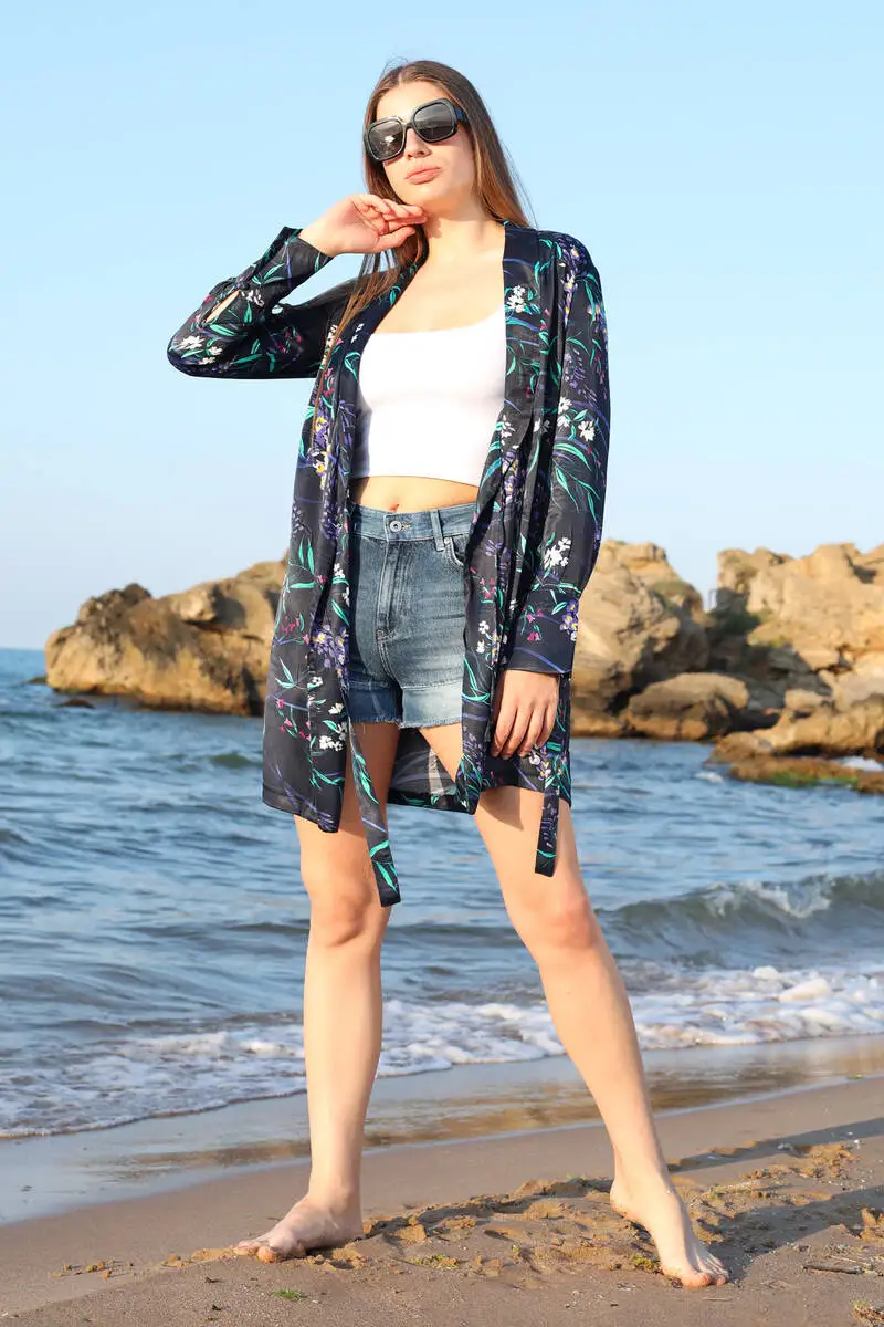 Women's Navy Blue Flower Print Shawl Collar Kimono