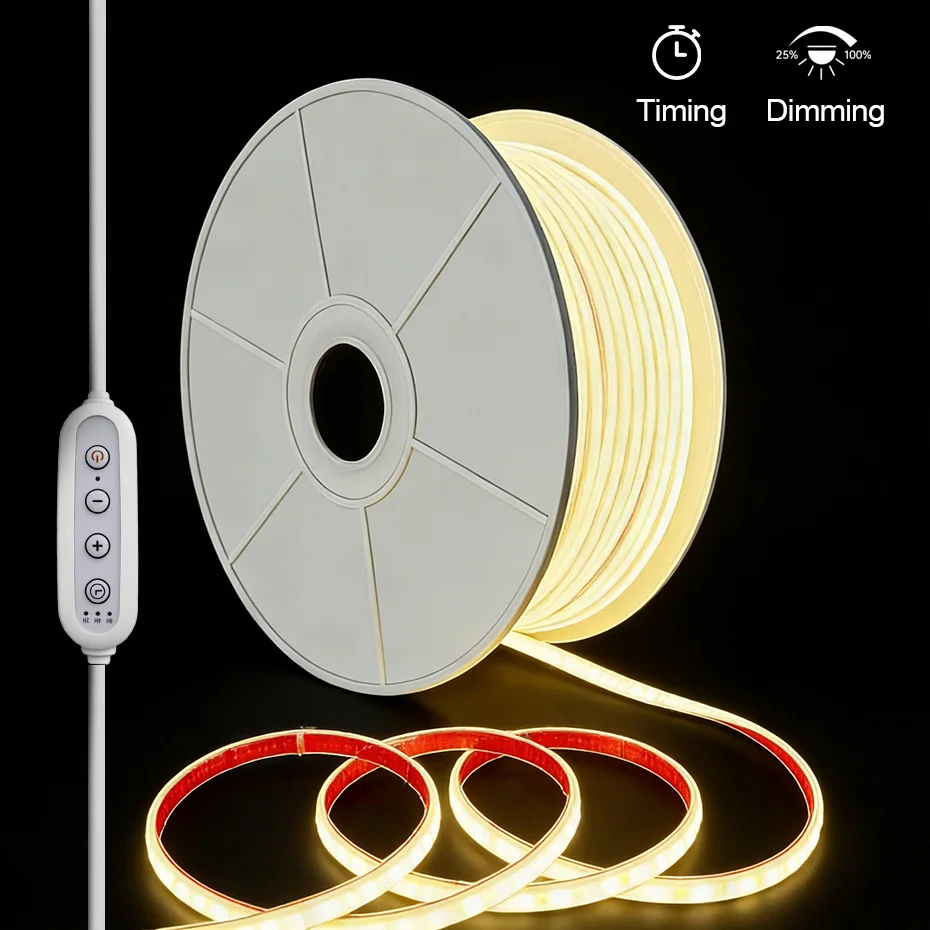 

220 В, вилка европейского стандарта, Великобритании, Австралии, с регулируемой яркостью, COB, светодиодная неоновая лента, самоклеящаяся с диммером, таймером, водонепроницаемое освещение для дома, кухни, сада