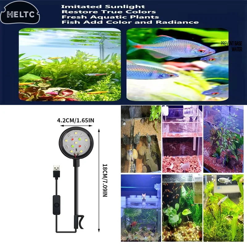 1 قطعة ضوء حوض السمك البلاستيكي مع محول مشبك LED على ضوء خزان الأسماك ، ضوء USB صغير كامل الطيف 360 °   إضاءة الدوران