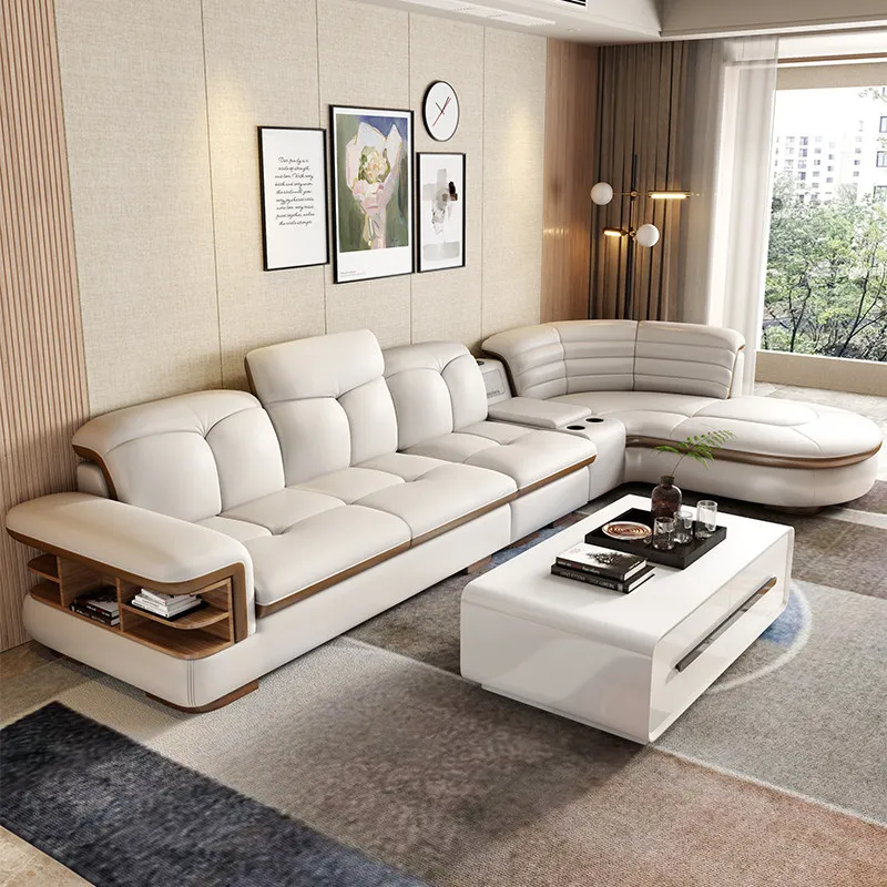Luxuriöse L-förmige Echtleder-Sofagarnituren mit USB, Bluetooth-Lautsprecher - Linlamlim Wohnzimmer Italienische Ledercouches