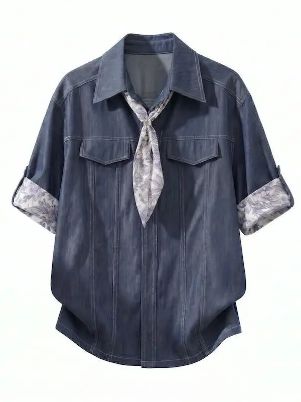 

Summer Blue Removable Scarf Collar Short Sleeve Men's Fashionable Versatile Trendy Top Shirt Casual Loose Fit Chinese Style