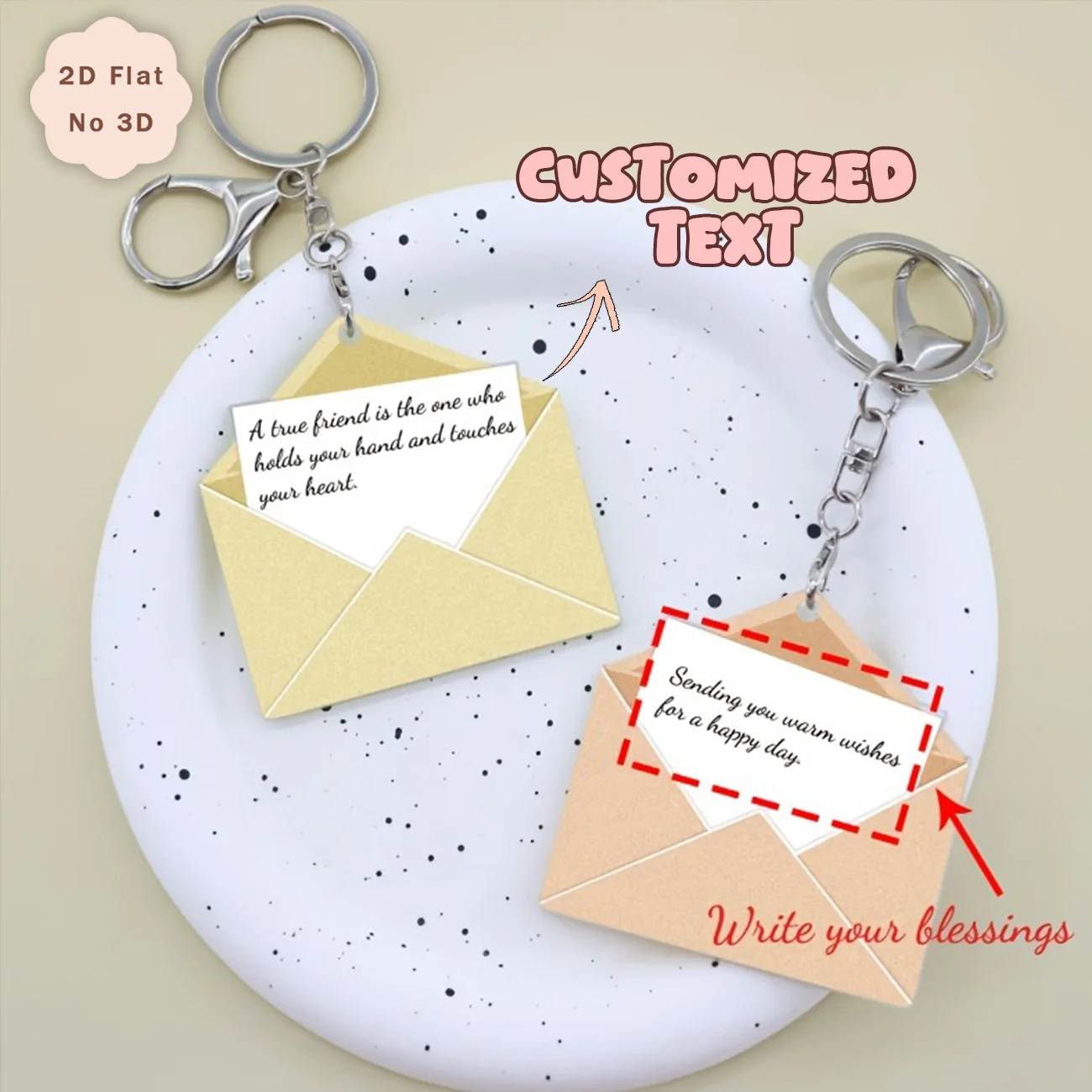 Custom Envelope Message Acrylic Keychain, Personalized 2D Flat Text Key Ring, Custom Sentiment Bag Pendant, Friendship & Birth